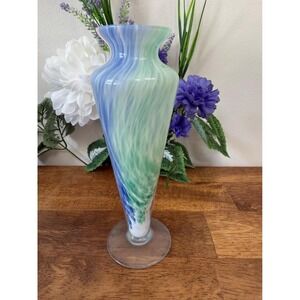Vintage Hand-Blown Art Glass Vase Pastel Pink Blue Green Swirl Tall Pedestal Dis